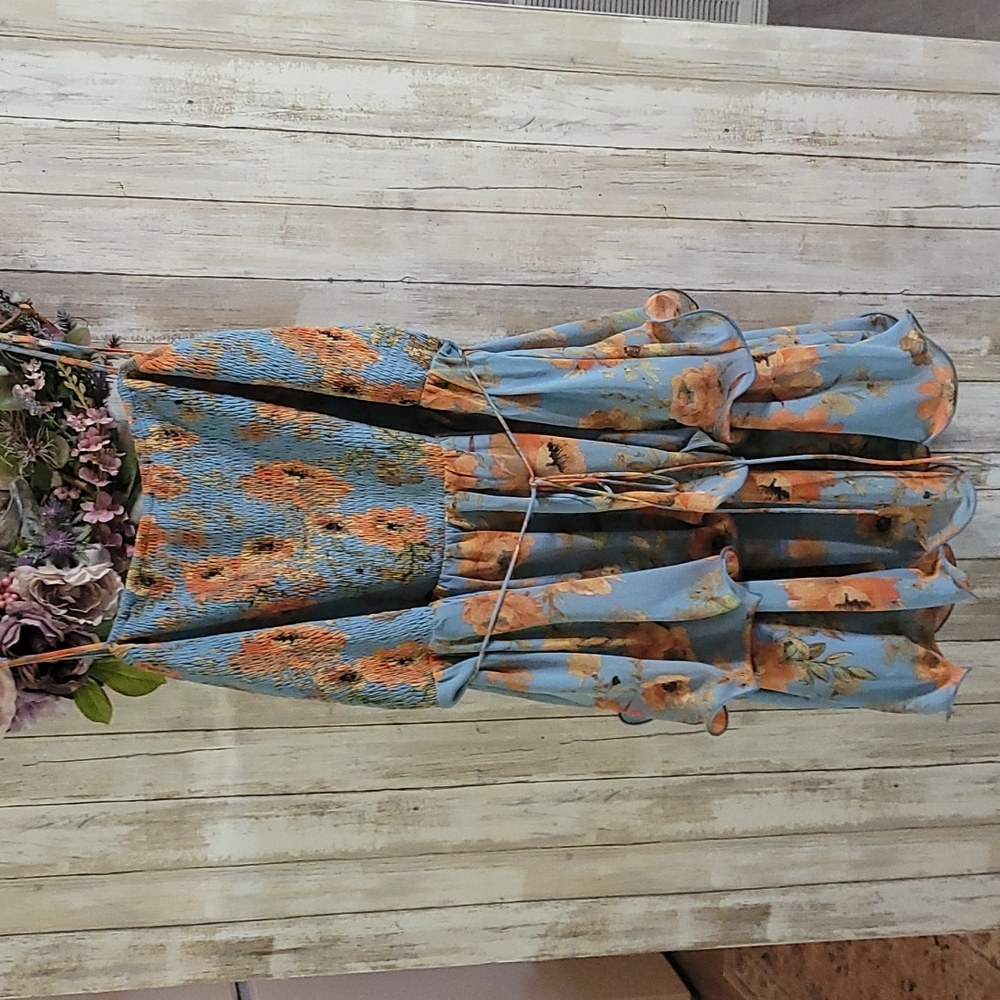 Fashion Nova Blue Floral Mini Dress with Orange Flowers